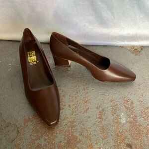 RUSH HOUR Genuine Leather Brown Almond Toe Block Heel Pumps